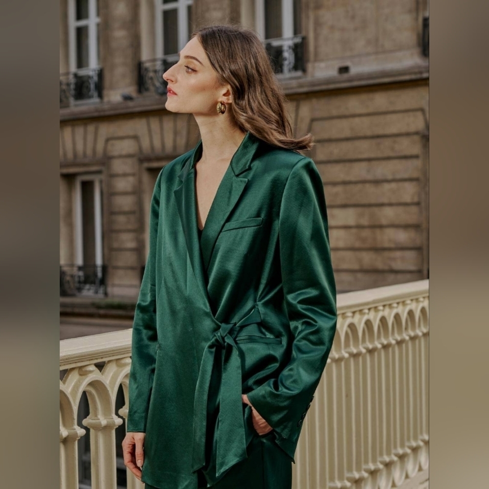 NWT Lattelier Tie Waist Silky Oversized Longline Wrap Blazer SZ LARGE - Picture 3 of 8